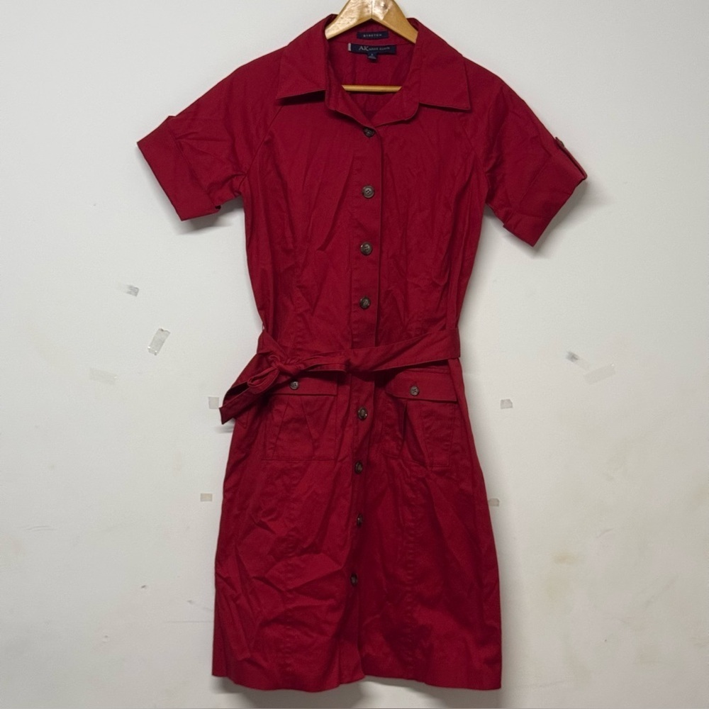 Anne Klein VTG Red Dress Cuffed Sleeve Button Down Utility Tie Waist Stretch 6